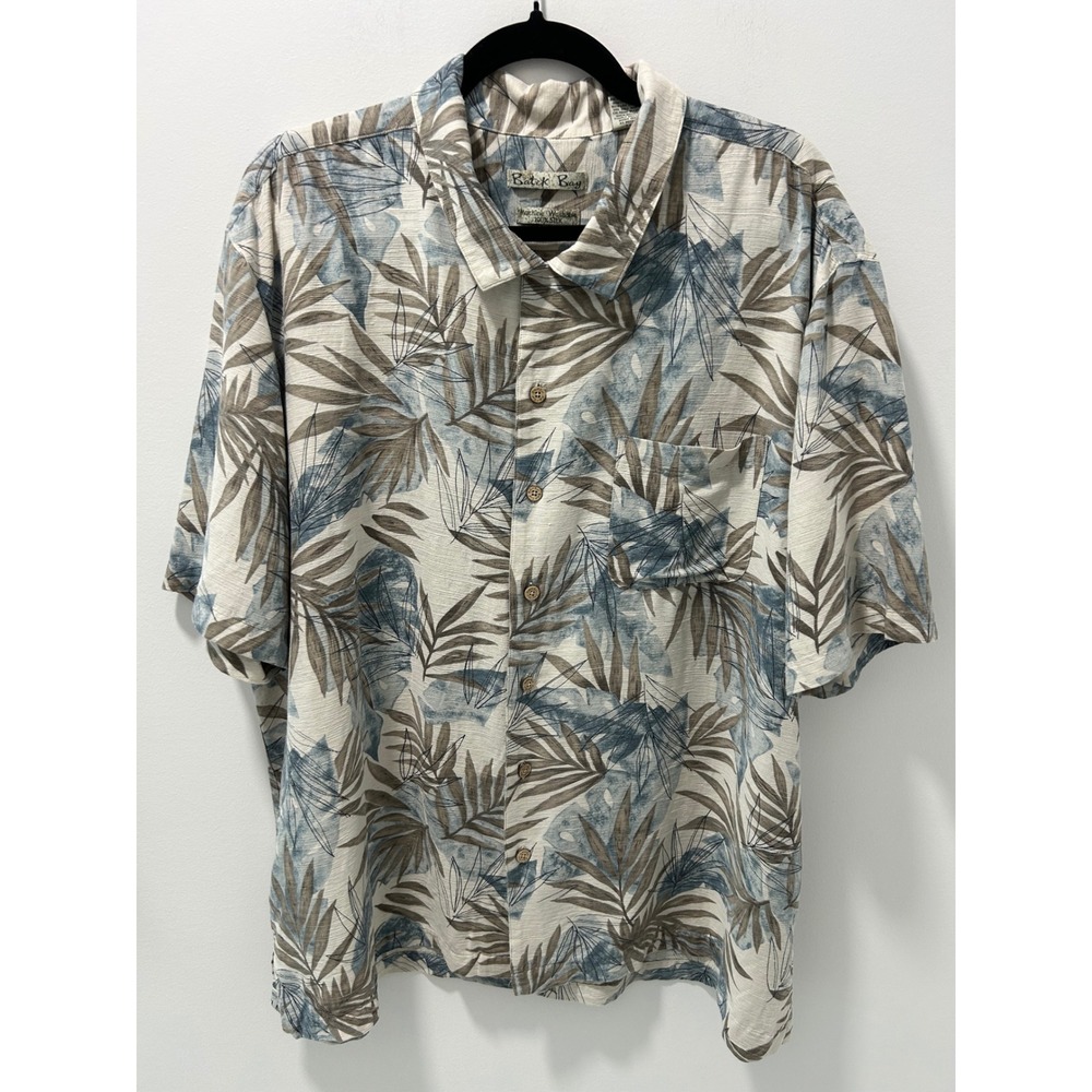 Batik Bay Mens XXL 100% Silk Tropical Palm Leaf Short Sleeve Button Down Shirt